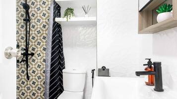 Regadera, secadora de cabello, bidet, toallas