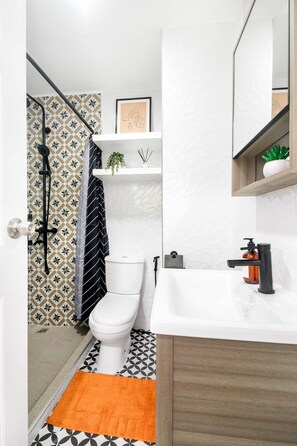Regadera, secadora de cabello, bidet, toallas 
