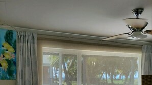 A bedroom with a bed, a window with curtains, a ceiling fan, and a view of palm trees outside. - Charming 2 bed, 2 bath cottage 100 feet from private sandy ocean beach (Islamorada)