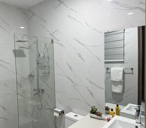 Shower, hair dryer, towels, soap