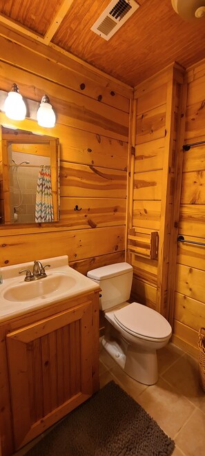 Baño de cabaña de madera con lavamanos, inodoro y espejo.