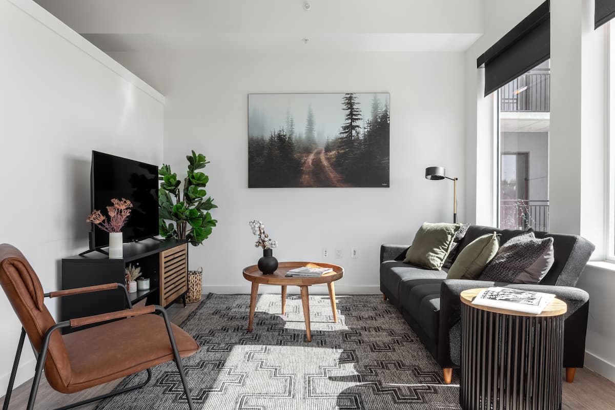 2 bedrooms, premium bedding, memory-foam beds, laptop workspace