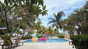A pool area with steps leading to the water, surrounded by palm trees and a view of the beach. - 2BR Beachfront Bungalow-Pool & Oceanfront-Views (Placencia)