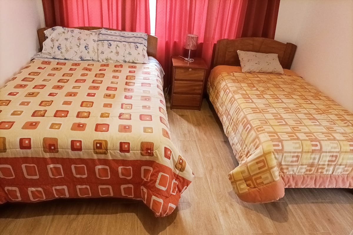 Two single beds with patterned bedding, wooden headboards, and a nightstand with a lamp between them.