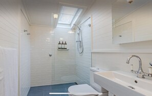 Hair dryer, towels, soap, shampoo