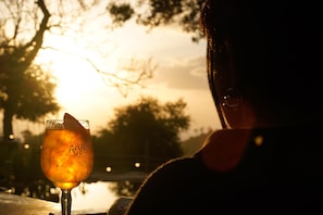 A glass of beer with a label, set against a sunset background.