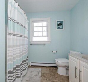 Bathtub, hair dryer, towels, shampoo