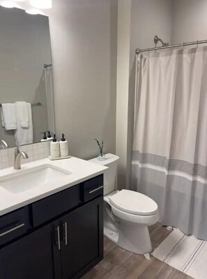Ducha, secador de pelo, toallas, jabón