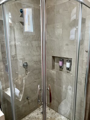 Shower, hair dryer, towels, shampoo