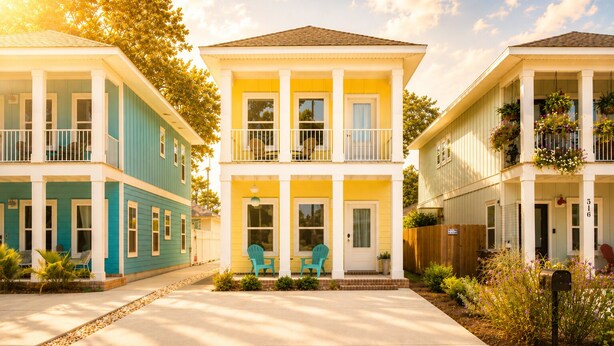 A row of two-story houses with balconies, a front porch, and a mailbox. - Casa del Sole • Downtown • 3 Ensuites • Pets OK (Pensacola)