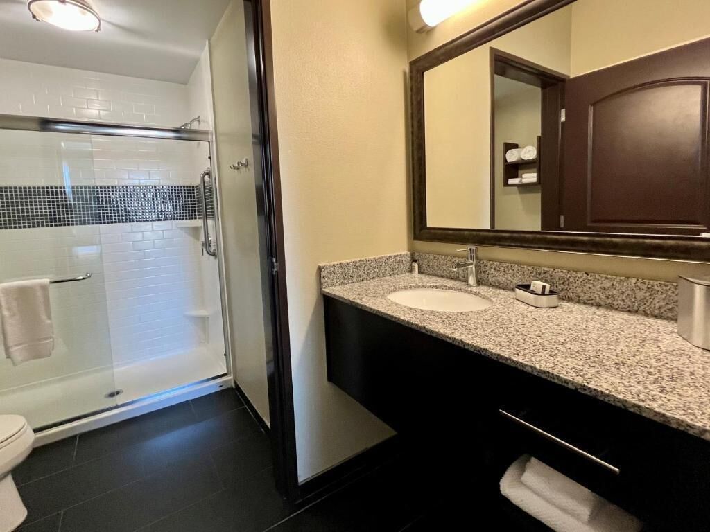 A modern bathroom with a glass shower enclosure, a white sink, and a large mirror.