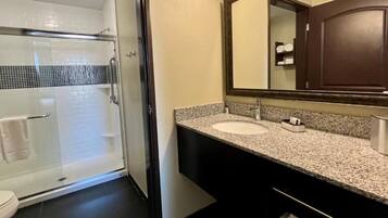 A modern bathroom with a glass shower enclosure, a white sink, and a large mirror.