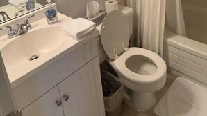 A bathroom with a sink, toilet, and shower curtain. - Historical King George Inn 1 (Niagara-on-the-Lake)