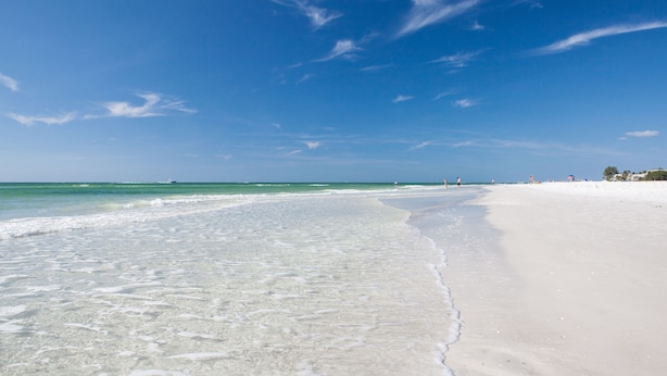 A beach with clear water, a sandy shore, and a few people in the distance. - Designer Coastal Pool + Game Room home close to Siesta and downtown (Sarasota)