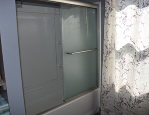 Combined shower/tub, hair dryer, towels, soap