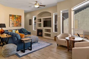 TV, fireplace, offices