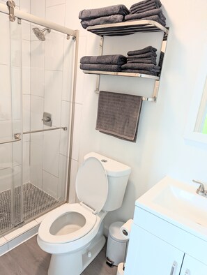 Shower, hair dryer, towels, soap