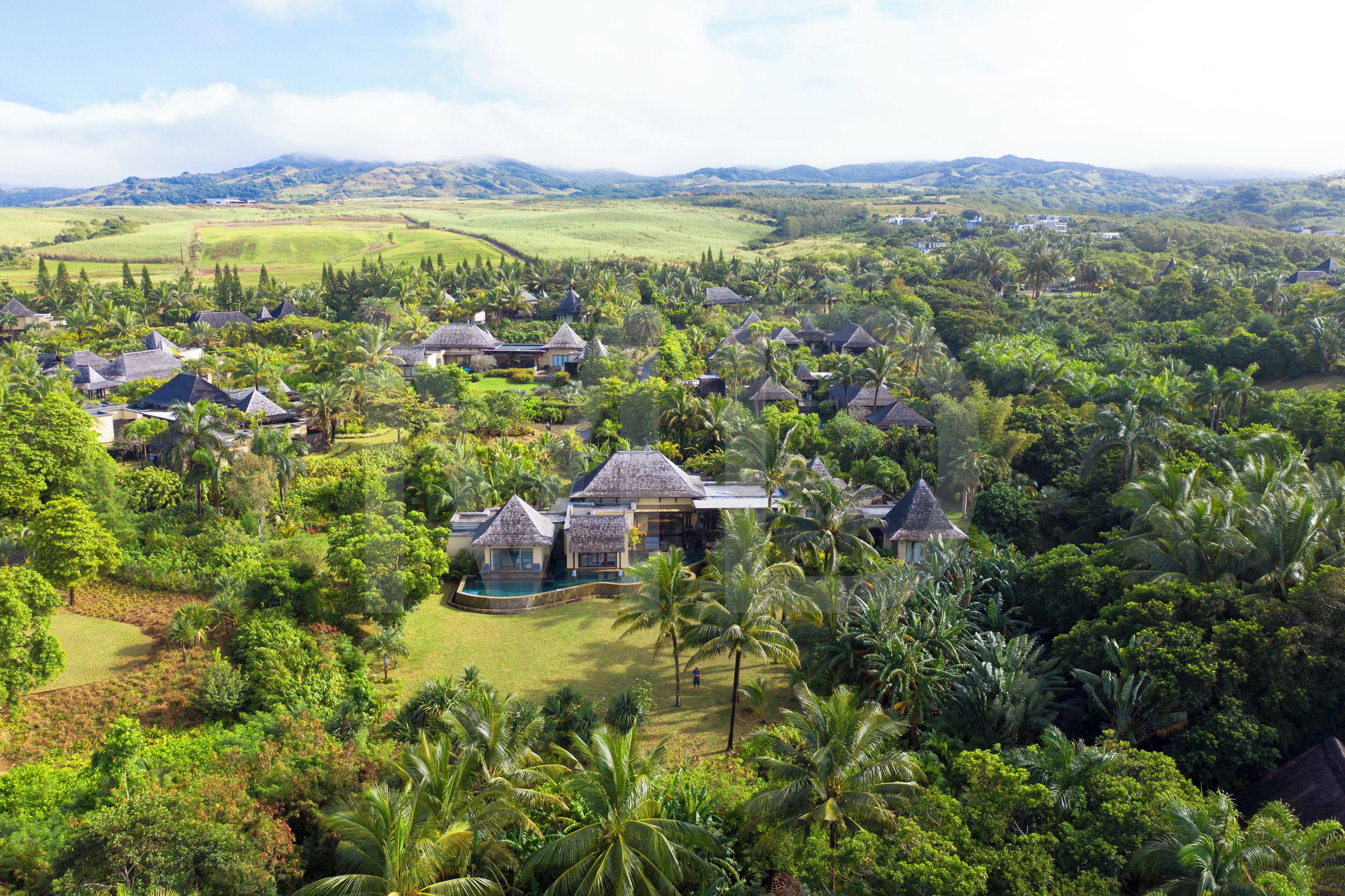 A tropical resort with multiple bungalow-style buildings surrounded by lush greenery and palm trees.