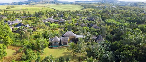 A tropical resort with multiple bungalow-style buildings surrounded by lush greenery and palm trees.