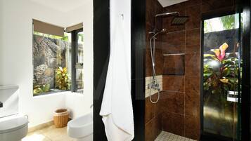 Ensemble douche/baignoire, baignoire à jets, sèche-cheveux, peignoirs