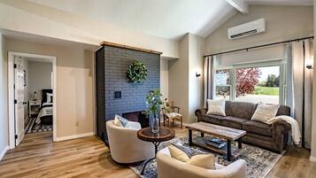 TV connectée, cheminée, livres