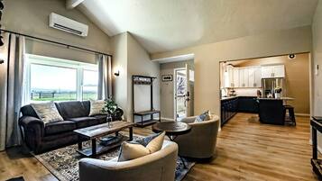 TV connectée, cheminée, livres