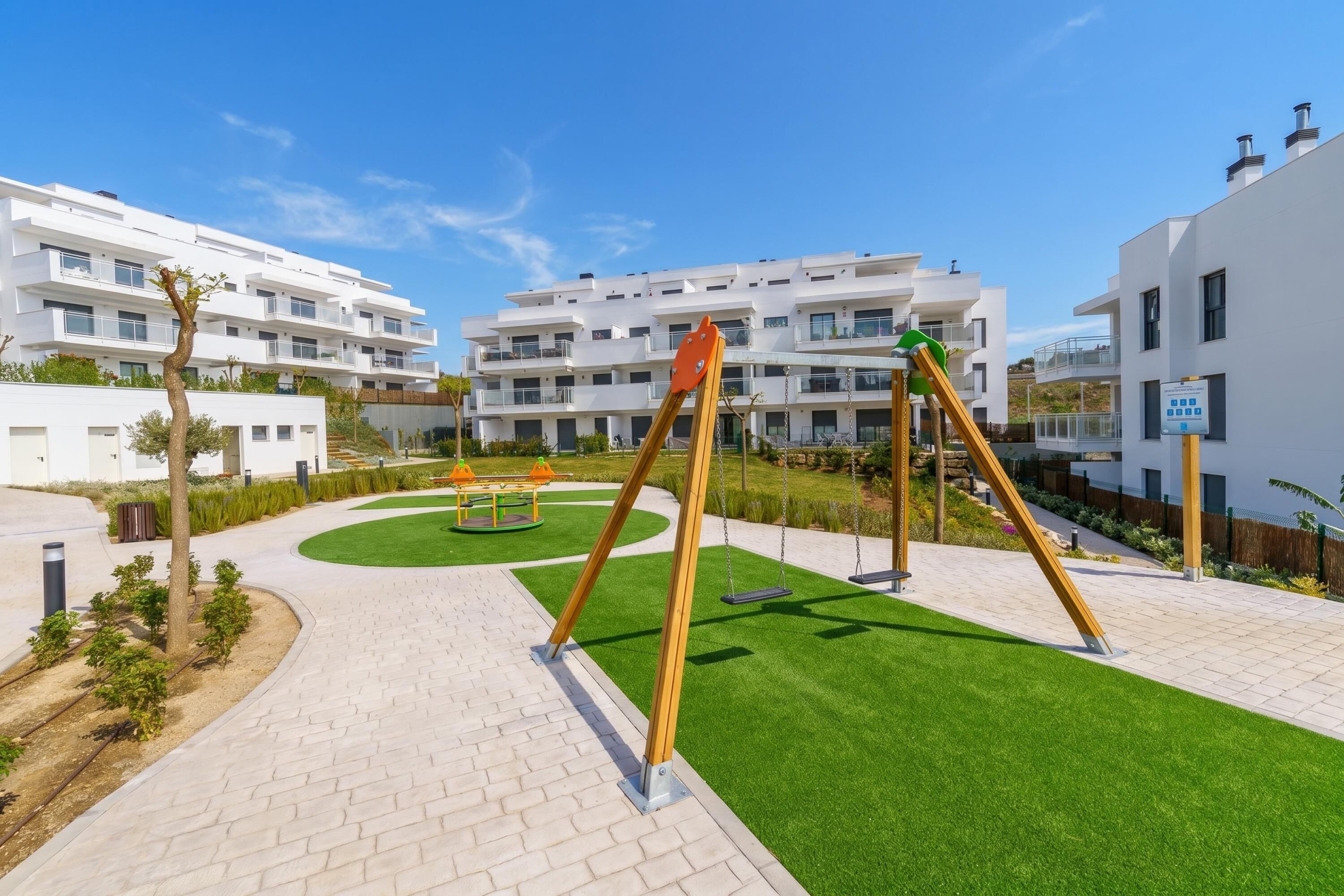 A modern residential building with a paved courtyard, swings, and a small play area.