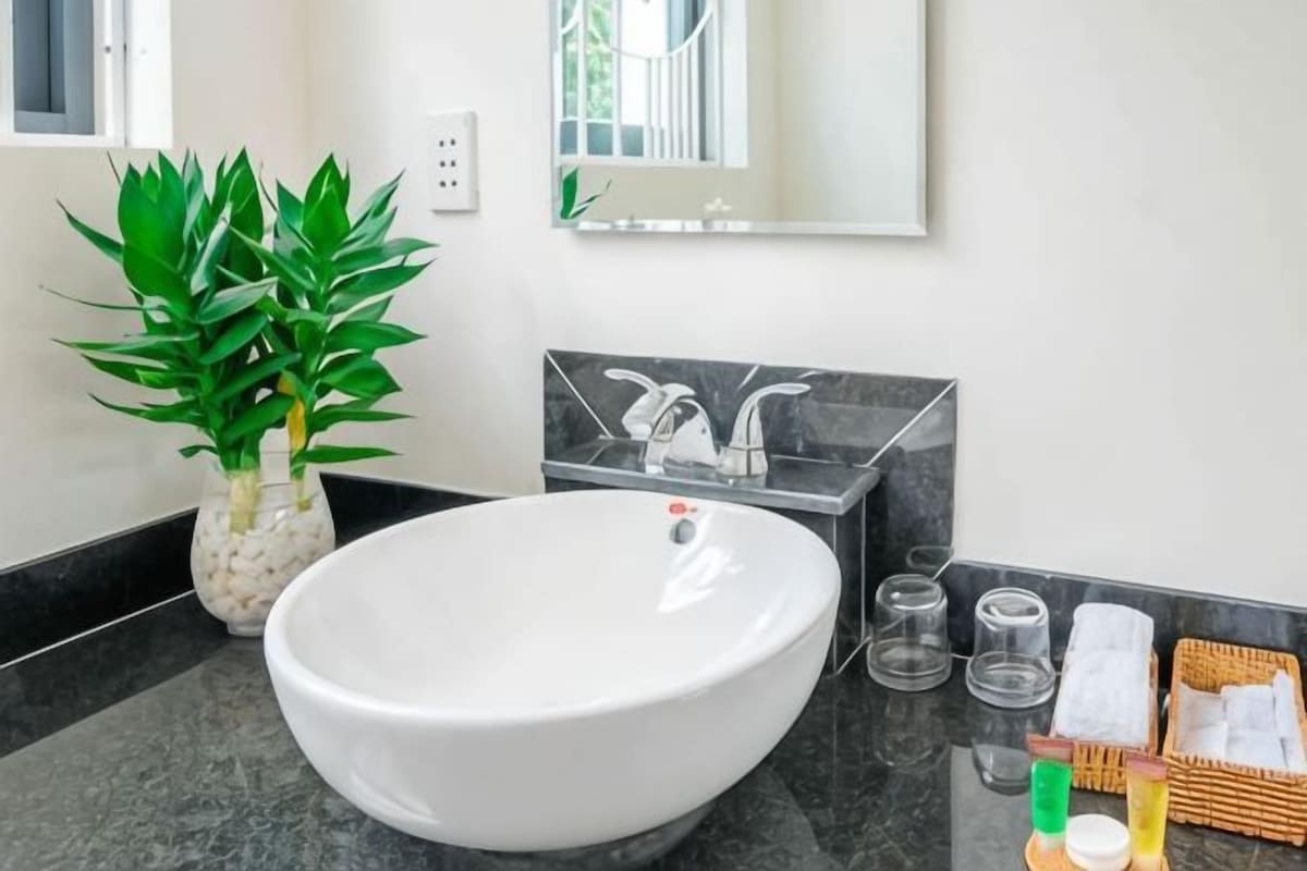 A bathroom with a white sink, black marble countertop, a potted plant, a mirror, and toiletries.