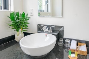 A bathroom with a large white sink, a potted plant, a marble backsplash, and toiletries on the counter. - Tran Family Villas Boutique Hotel (Da Nang)