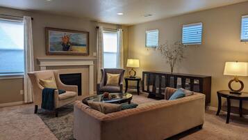 TV connectée, cheminée, lecteur de DVD, livres