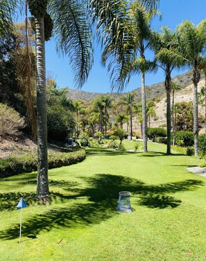 Un campo de golf bien cuidado con césped impecable, palmeras y un cielo azul despejado.