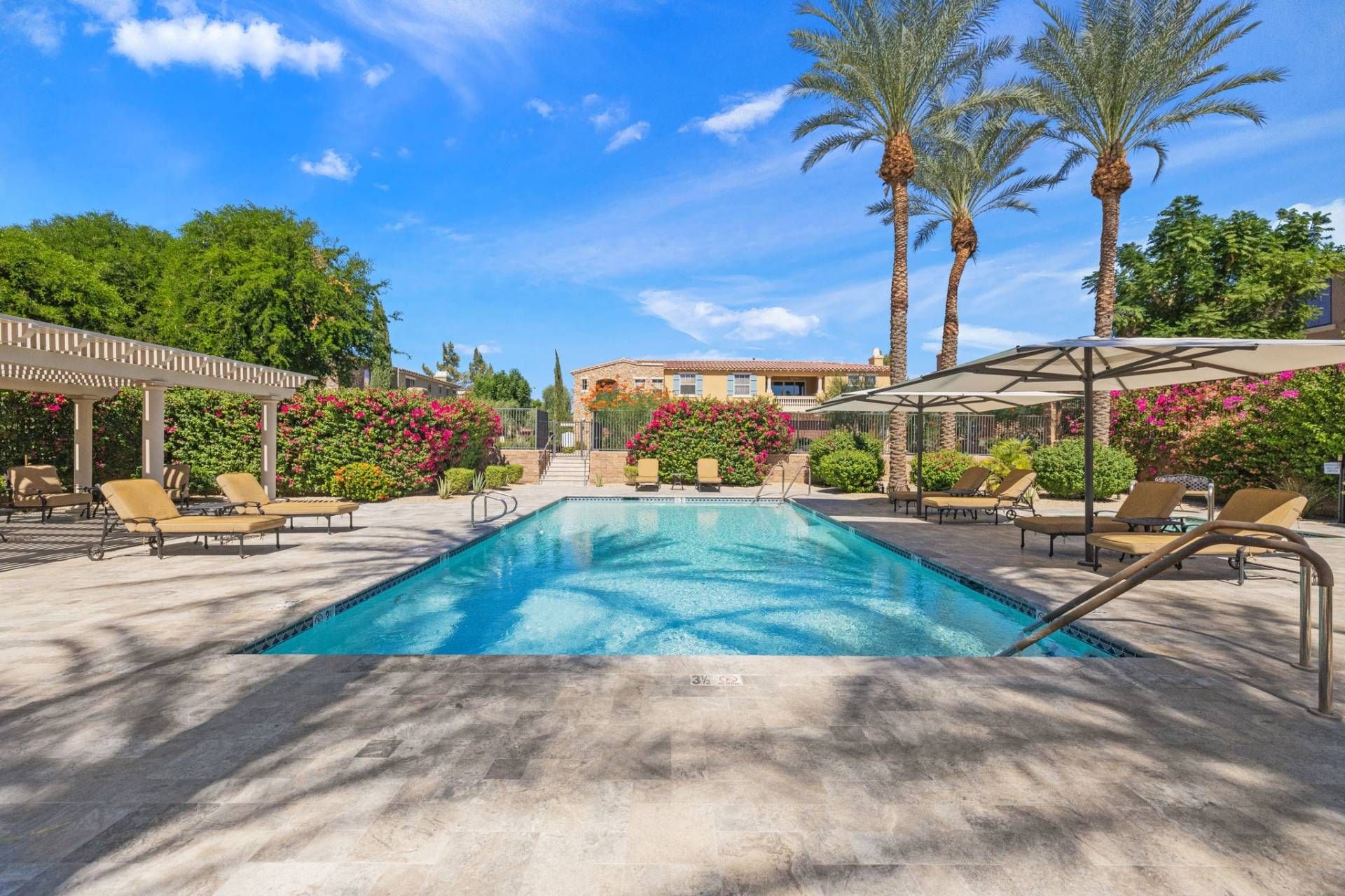A swimming pool with lounge chairs and umbrellas, surrounded by palm trees and flowering bushes.