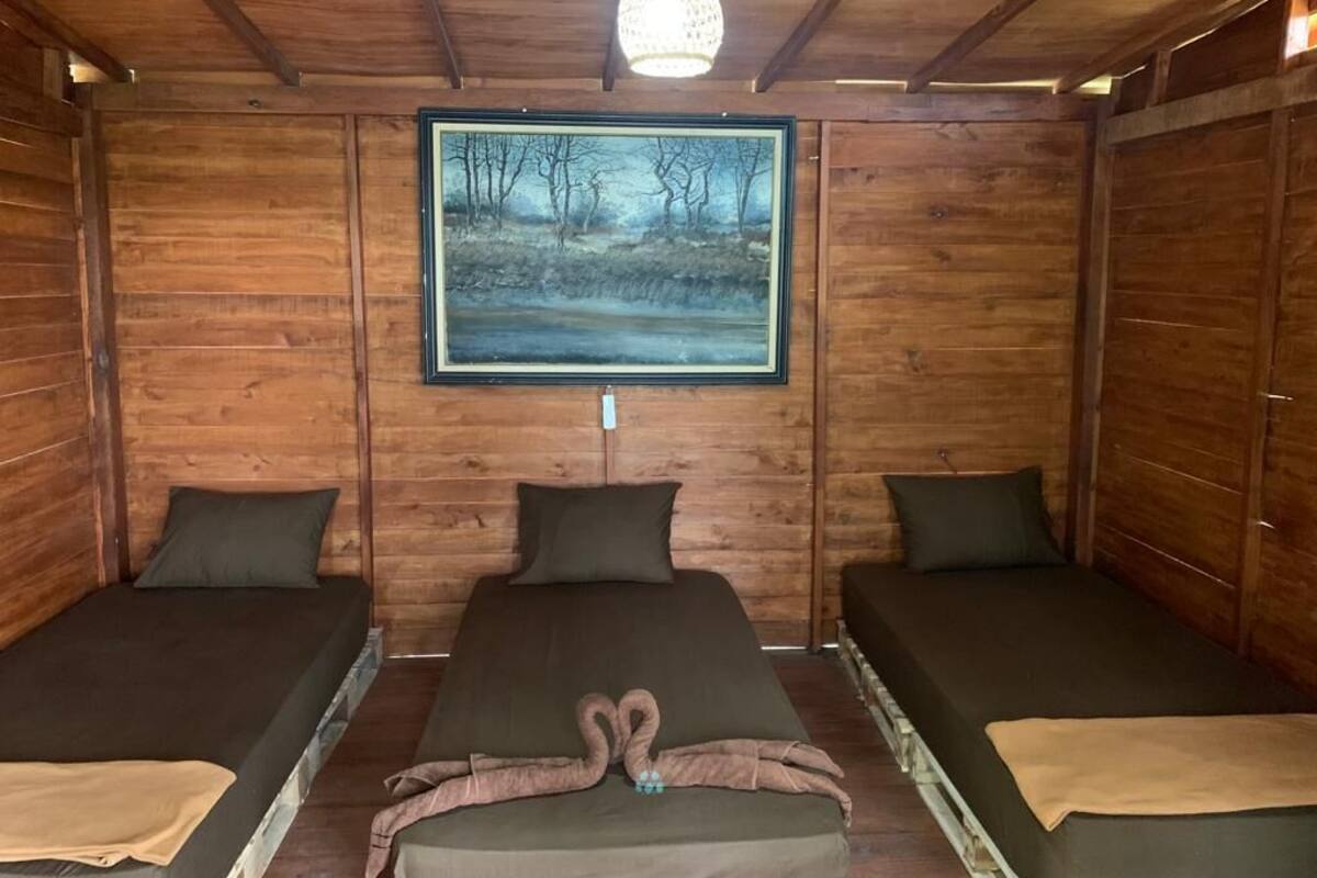 Une cabane en bois avec trois lits simples, un tableau accroché au mur et un luminaire suspendu.