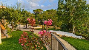 Un jardín con un sendero, una cerca y un edificio al fondo.