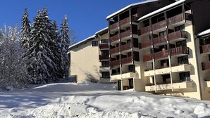 A multi-story hotel with balconies, surrounded by snow-covered trees.