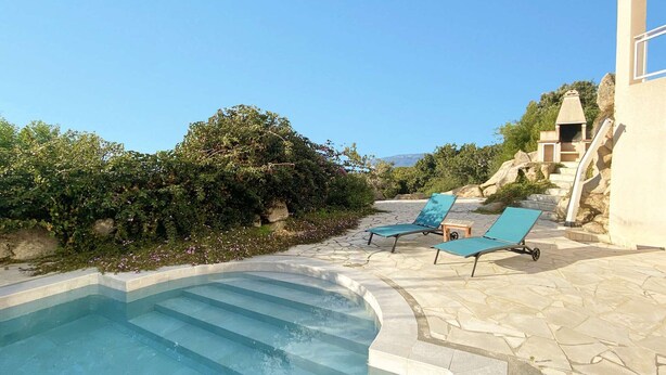 Una piscina con escalones de acceso, rodeada de follaje y un cielo despejado.