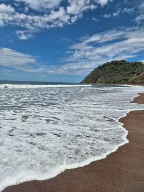 A beach with waves, a sandy shore, and a forested hill in the background.