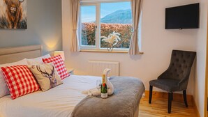 Een slaapkamer met een bed, een stoel, een televisie en een raam met uitzicht op bomen en bergen.