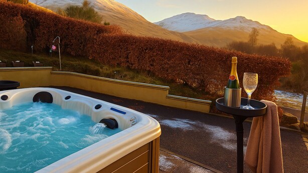 Een bubbelbad met uitzicht op een berg, een fles champagne en een glas op een dienblad.