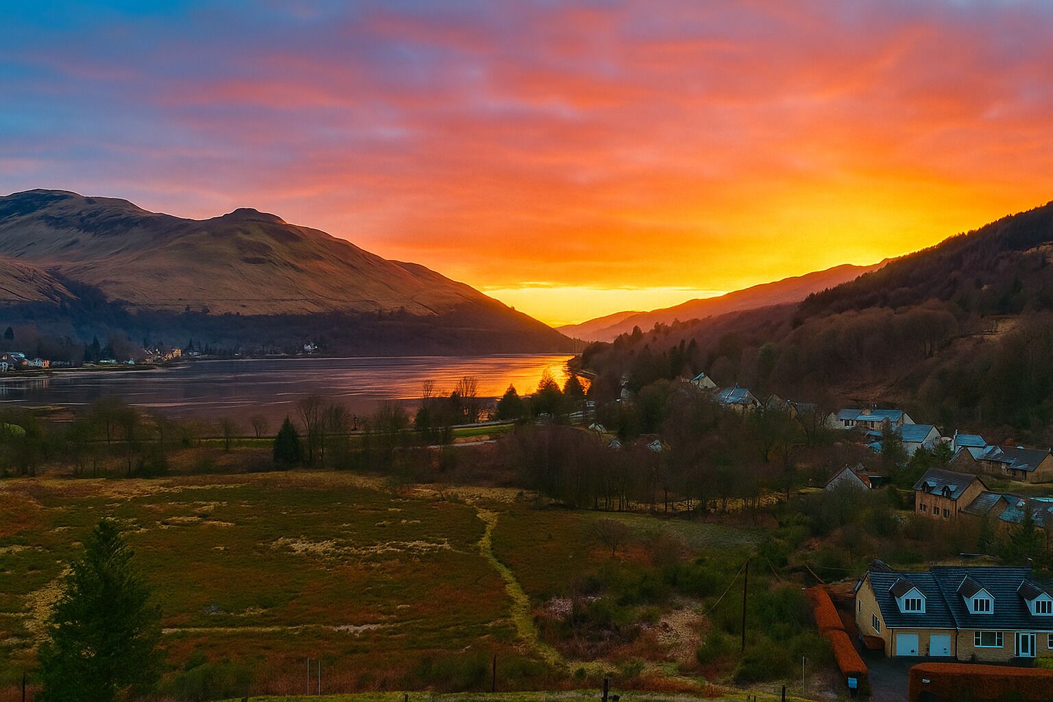 A scenic landscape with a river, mountains, and a small village with houses.