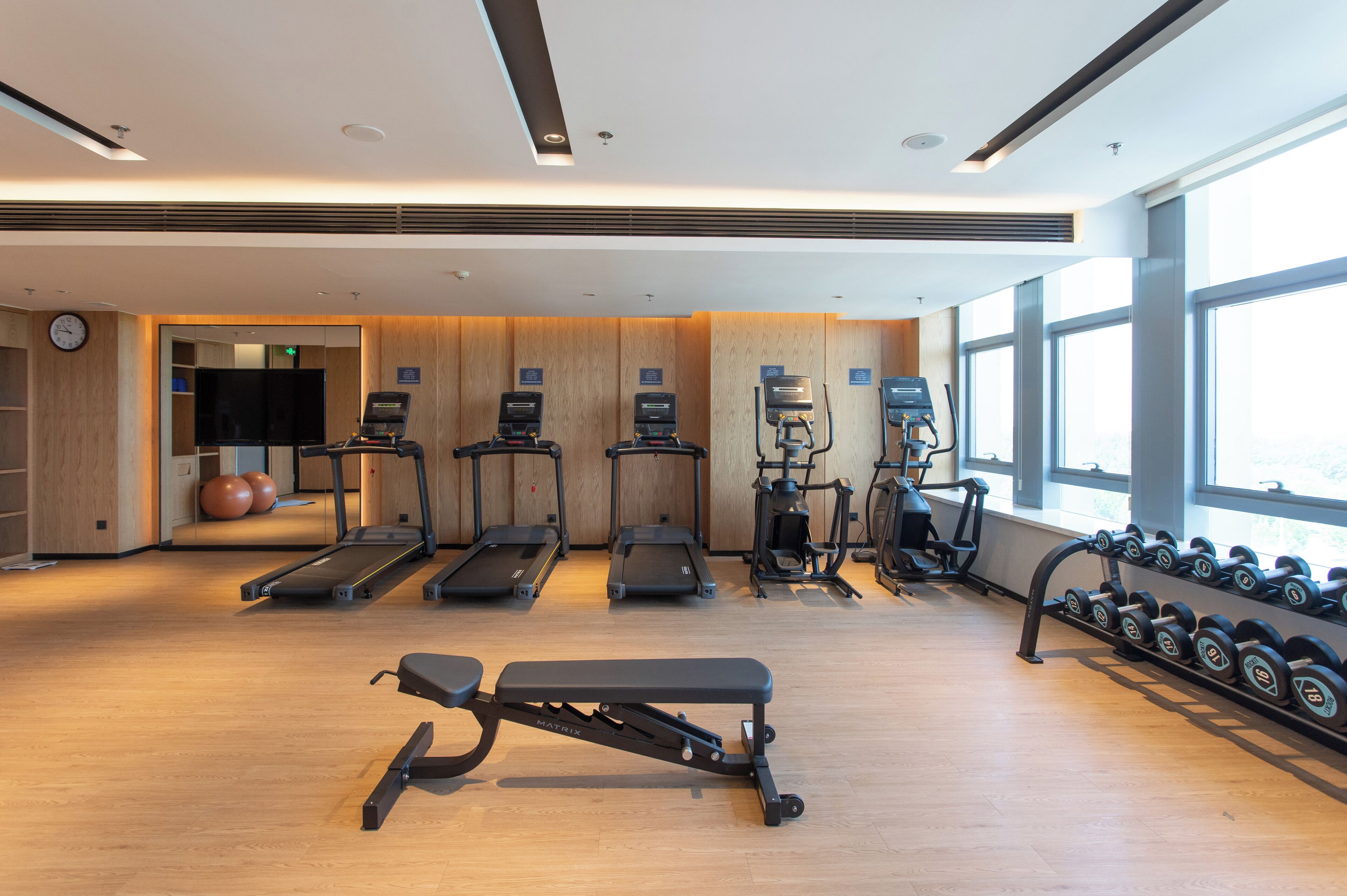 Un gimnasio moderno con cintas de correr, elípticas, una prensa de banca y mancuernas.