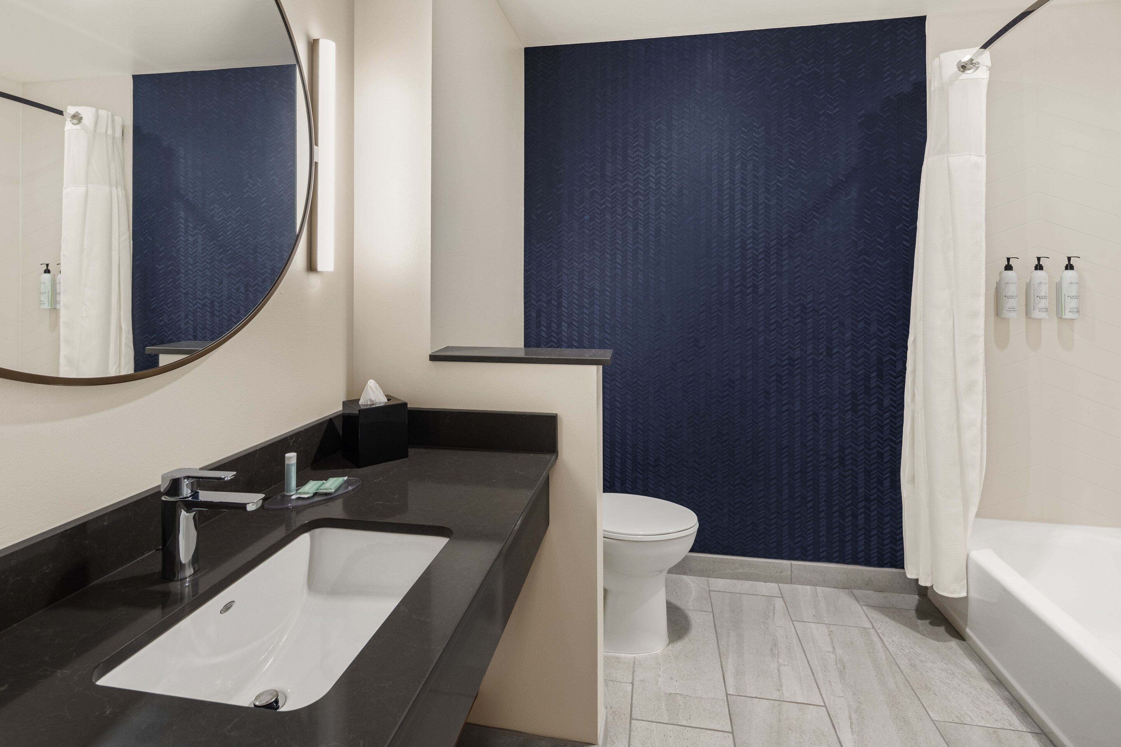 Une salle de bain moderne avec un lavabo noir, des toilettes blanches et une baignoire.