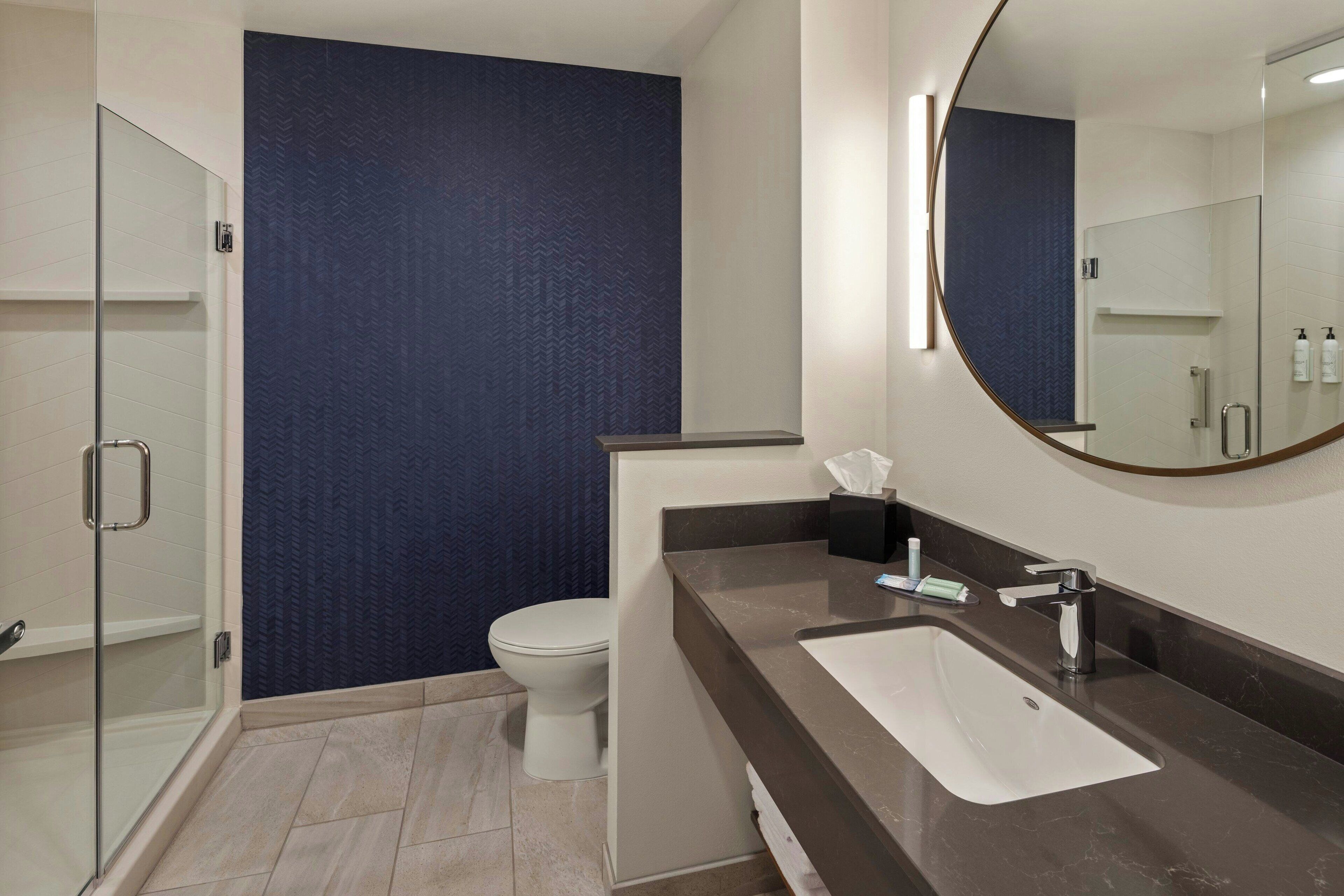 A modern bathroom with a glass shower enclosure, a white toilet, and a dark blue textured wall.
