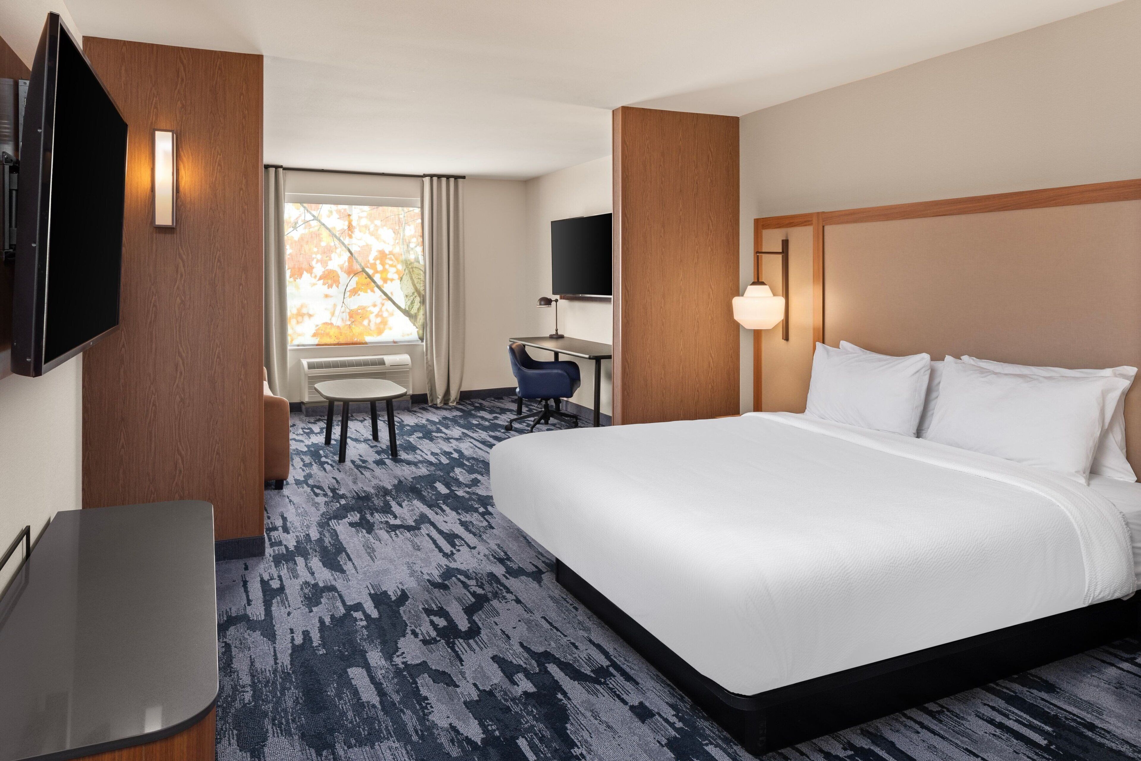 A hotel room with a large bed, a desk, a chair, a TV, and a window with a view of trees.