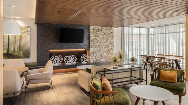 A modern living room with a fireplace, seating area, and large windows. - Fairfield Inn & Suites by Marriott Yankton (Yankton)