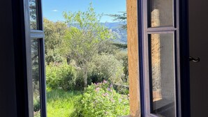 Janela com vista para um jardim e montanhas.