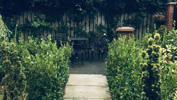 A concrete pathway leading to a wooden fence with a garden area on one side. - 3-bed House in Armagh City (Armagh)
