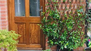 A brick house with a wooden door, a lattice fence, and potted plants. - 3-bed House in Armagh City (Armagh)