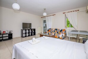 A hotel room with a bed, a TV, a sofa, a dining table, and a small kitchen area. - Cozy 'koukou' Discrete Apartment in Orestiada (Orestiada)