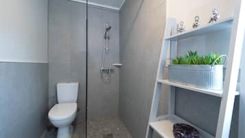 A modern bathroom with a glass-enclosed shower, a toilet, and a shelf with decorative items and plants.